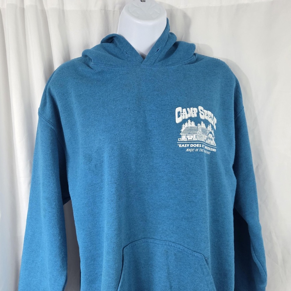 Gildan Hoodie Mens Medium Blue Camp Seely Graphic Fleece Pullover Sweatshirt - Picture 2 of 14